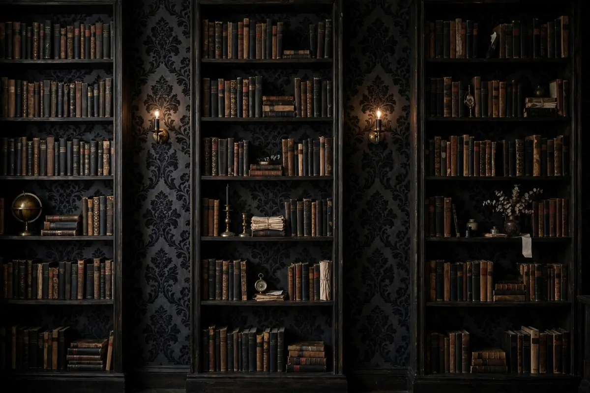 19 Moody Library Inspiration Looks With Dark Academia Vibes 4 Dark charcoal damask wallpaper wall behind tall dark bookshelves in a moody library