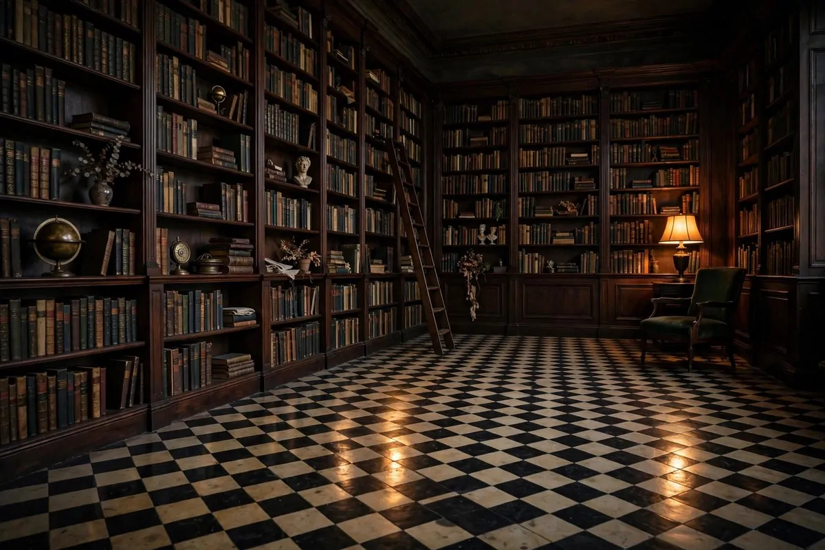 19 Moody Library Inspiration Looks With Dark Academia Vibes 5 Black and cream checkerboard tile floor in a moody home library with dark bookshelves
