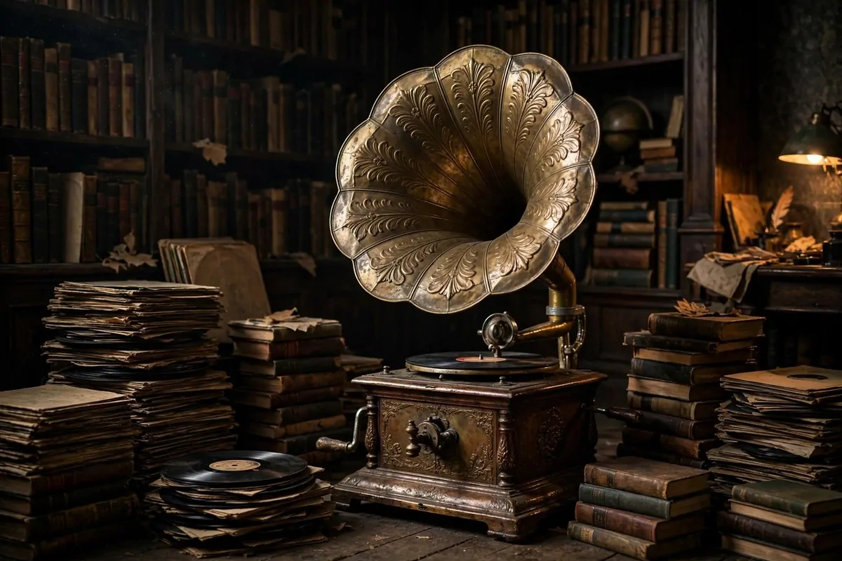 19 Moody Library Inspiration Looks With Dark Academia Vibes 6 Antique brass gramophone with flower horn in a dark moody library corner with records and books