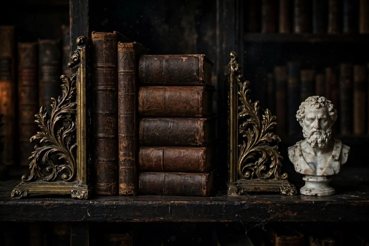 19 Moody Library Inspiration Looks With Dark Academia Vibes 7 Dark library shelf styled with ornate brass bookends and a small marble philosopher bust