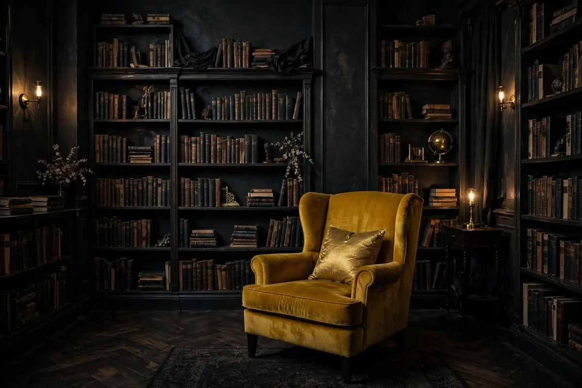 19 Moody Library Inspiration Looks With Dark Academia Vibes 13 Ornate antique mirror with dark carved frame hanging above bookshelves in a moody library