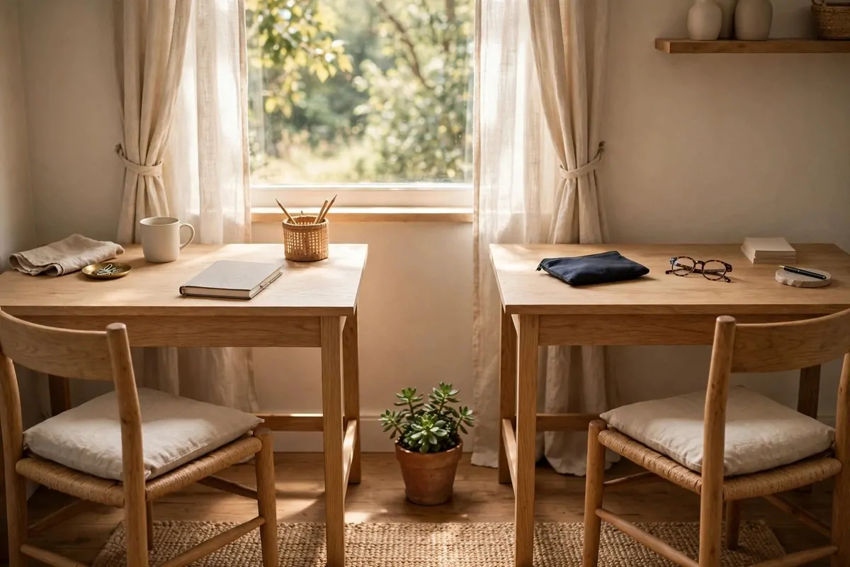 Two desks facing each other with a small plant between them