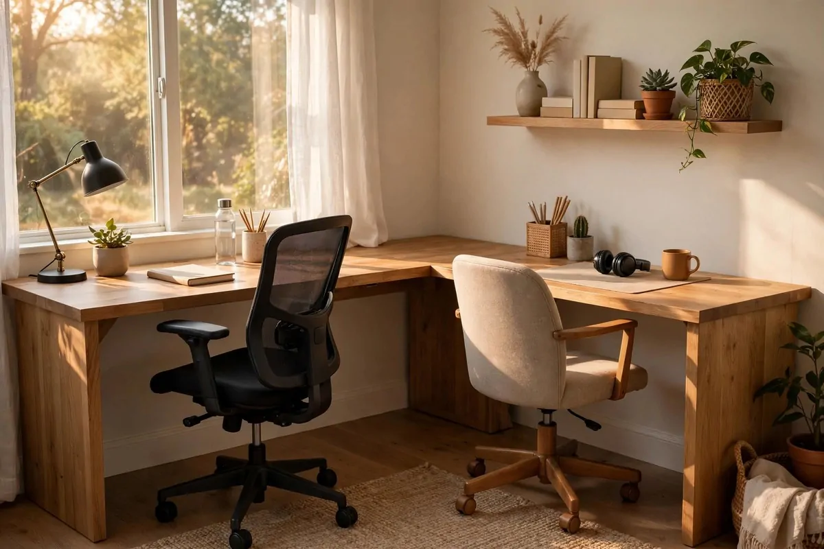 L-shaped desk wrapping around a corner with two chairs