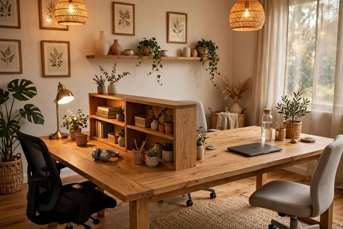 Long desk with a low bookshelf divider in the middle