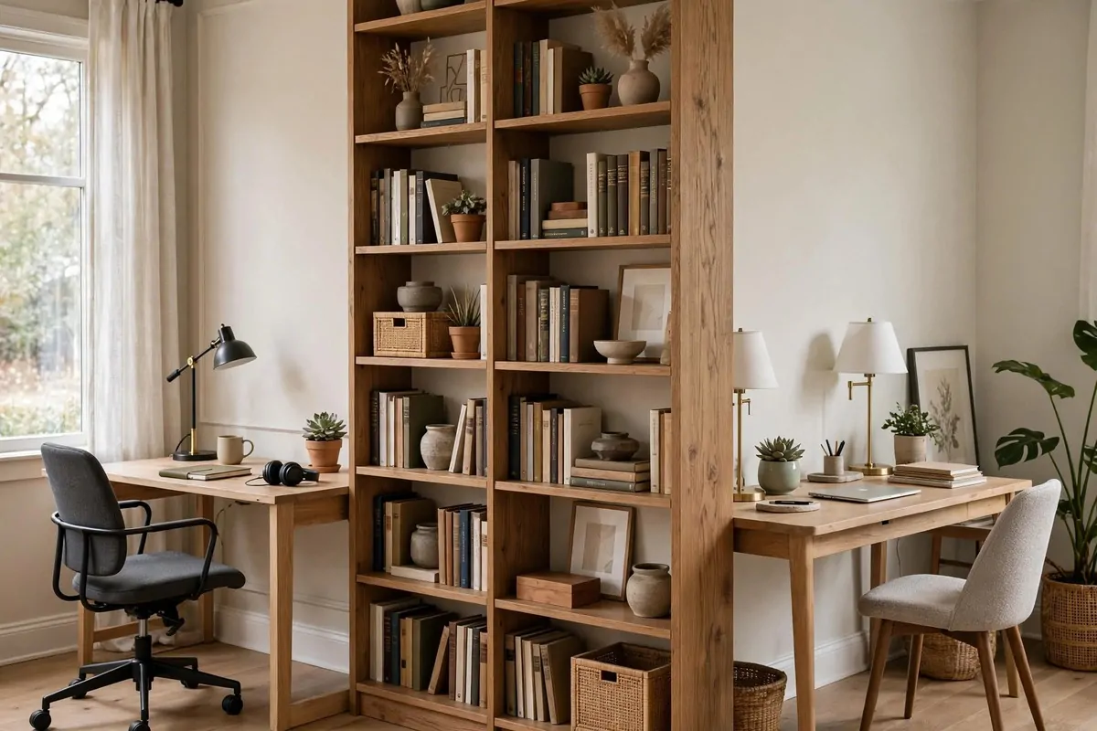 Tall bookshelf standing between two desk areas as a divider
