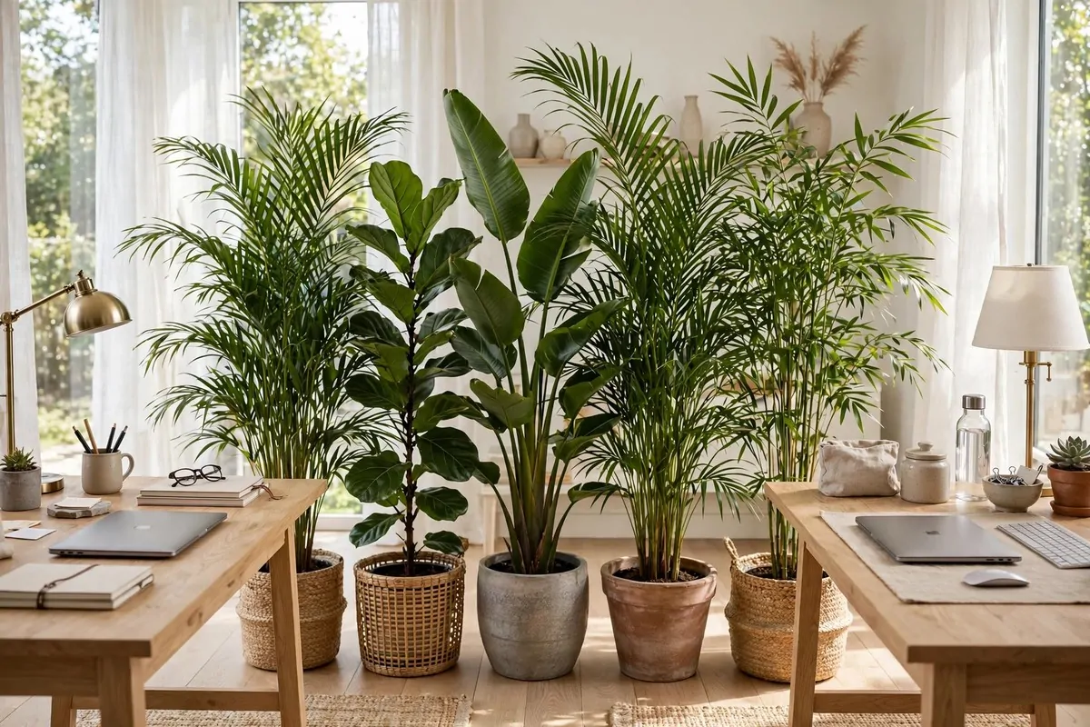 Row of tall potted plants forming a divider between two desks