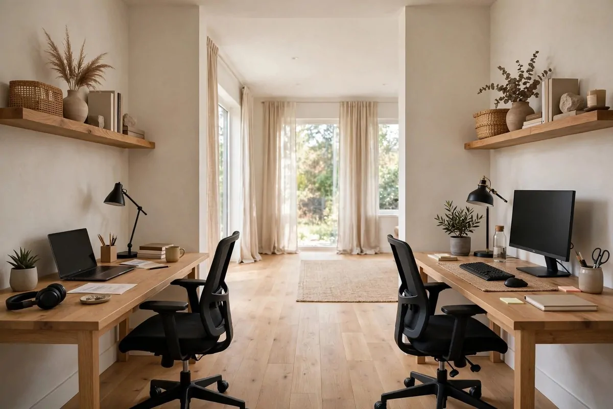 Two desks on opposite walls of a room