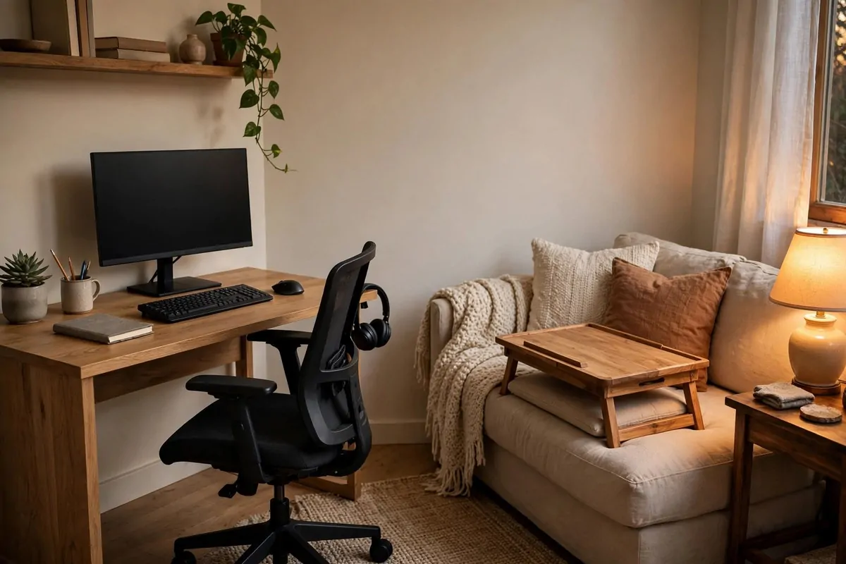Desk setup plus a lap desk resting on a nearby sofa