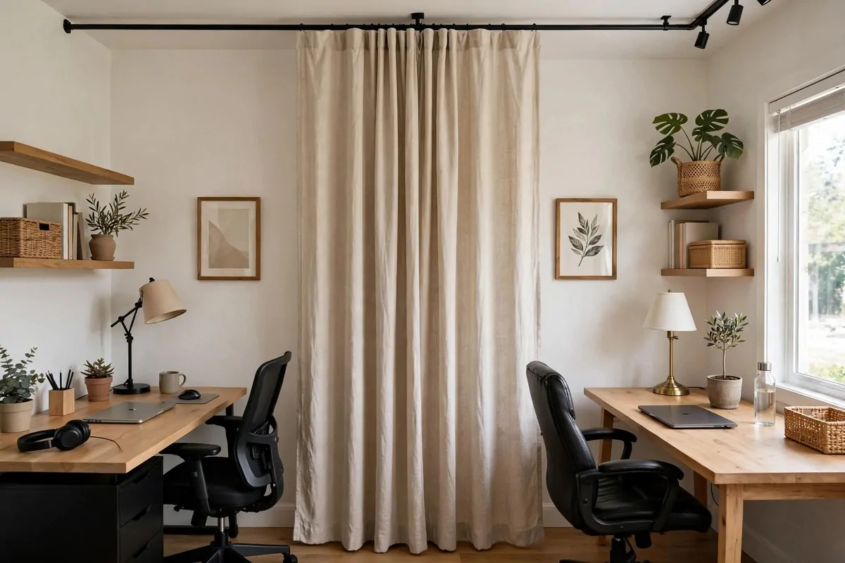 Ceiling-mounted curtain dividing a room into two office zones