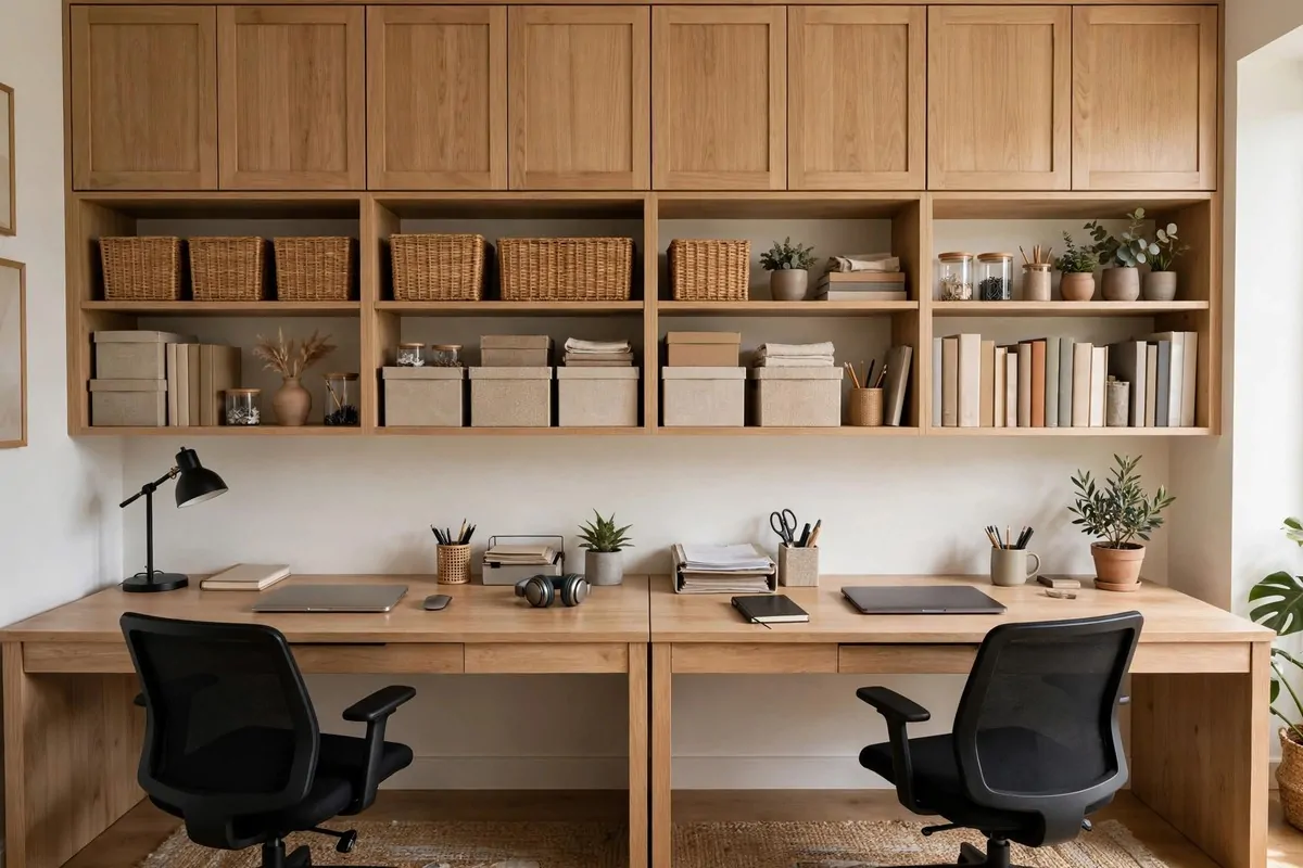 Wall of shelves and cabinets shared by two desks below it