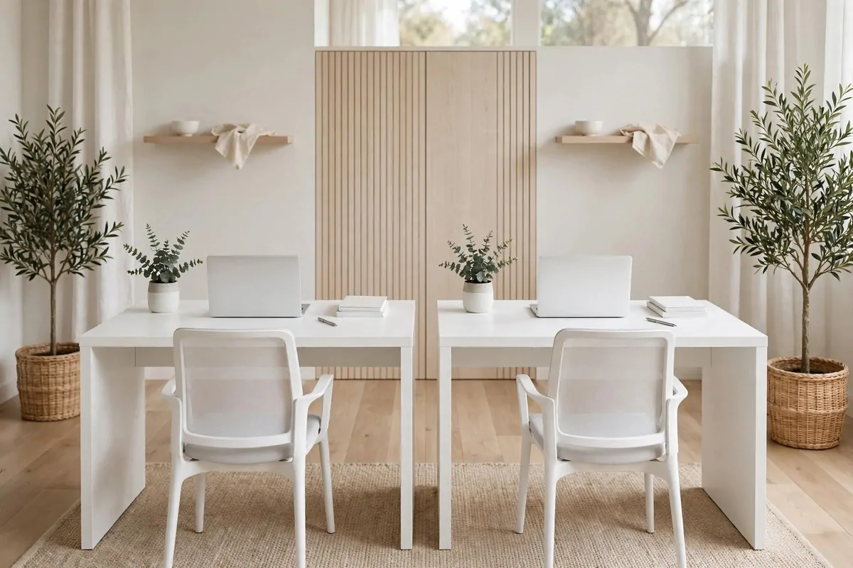 Two identical white desks with matching chairs