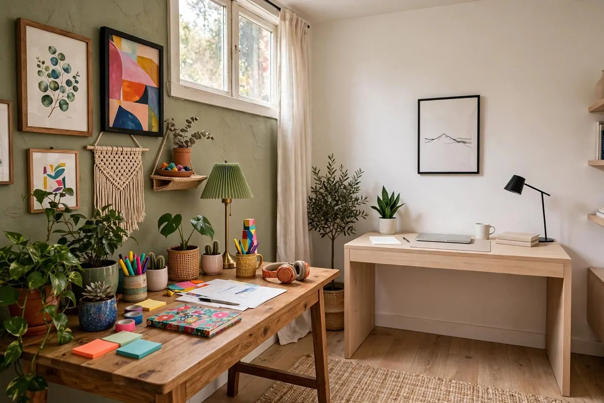 Two different desks, one colorful with art, one minimal