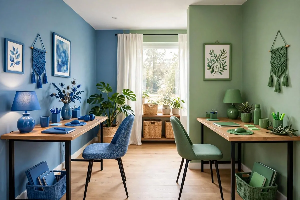 Shared office with one side blue art and other side green art