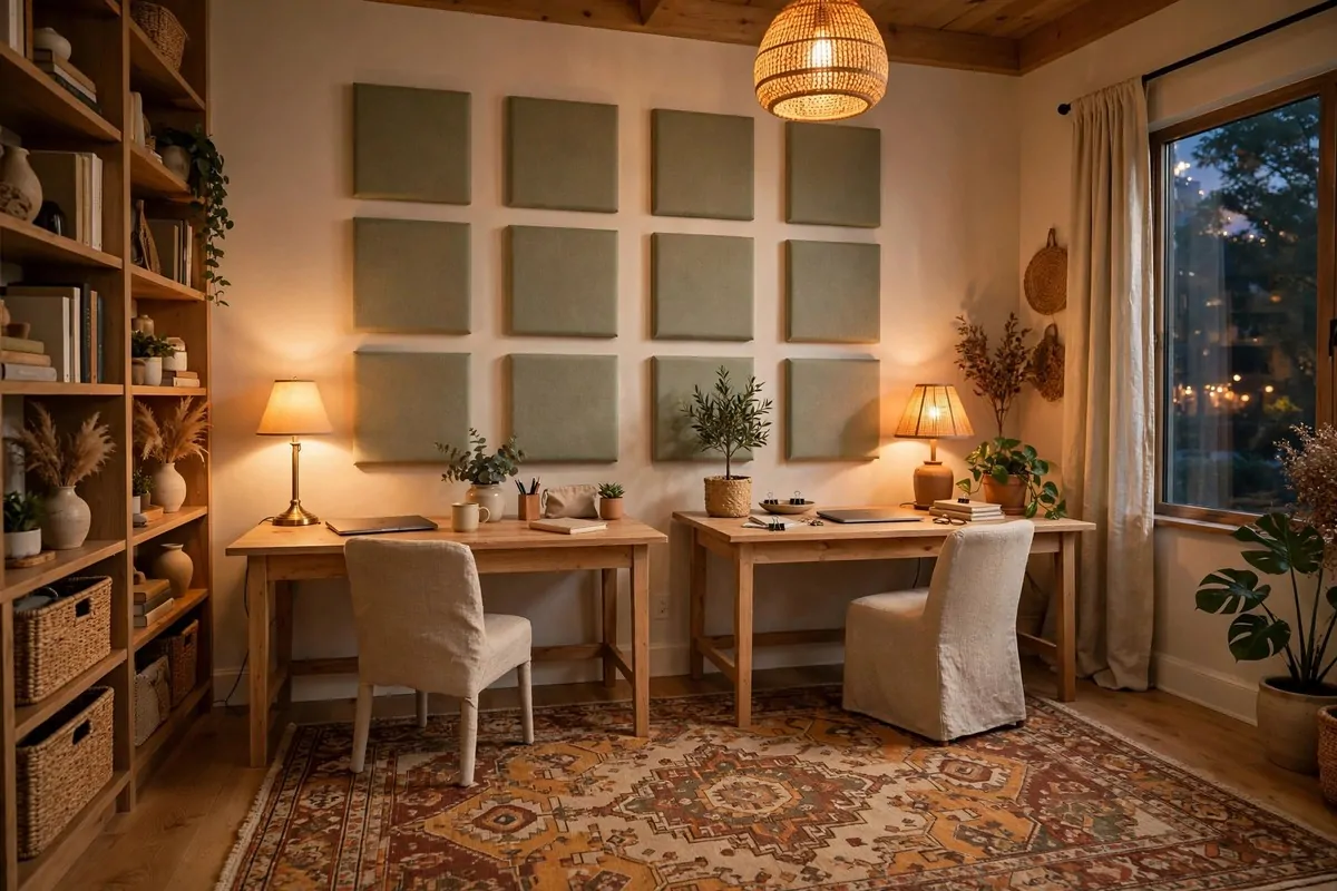 Home office with a large rug and fabric acoustic panels on the wall