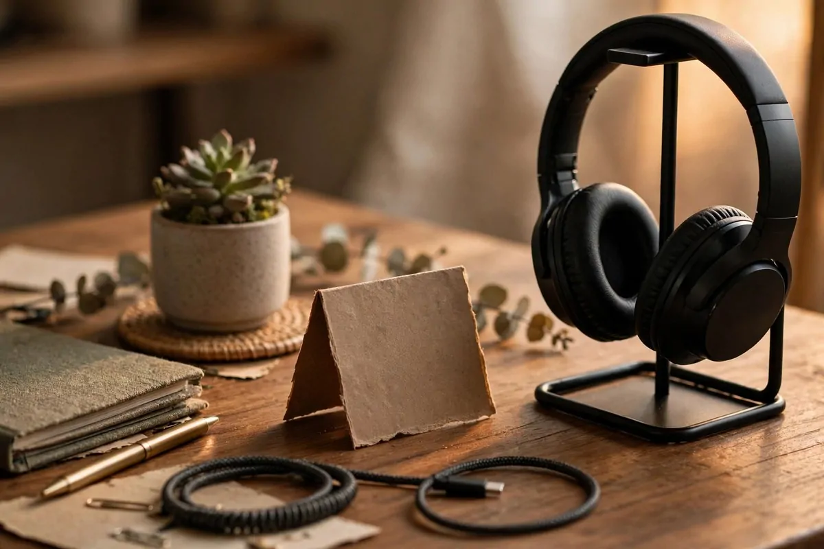 Desk with headphones on a stand and a small busy sign