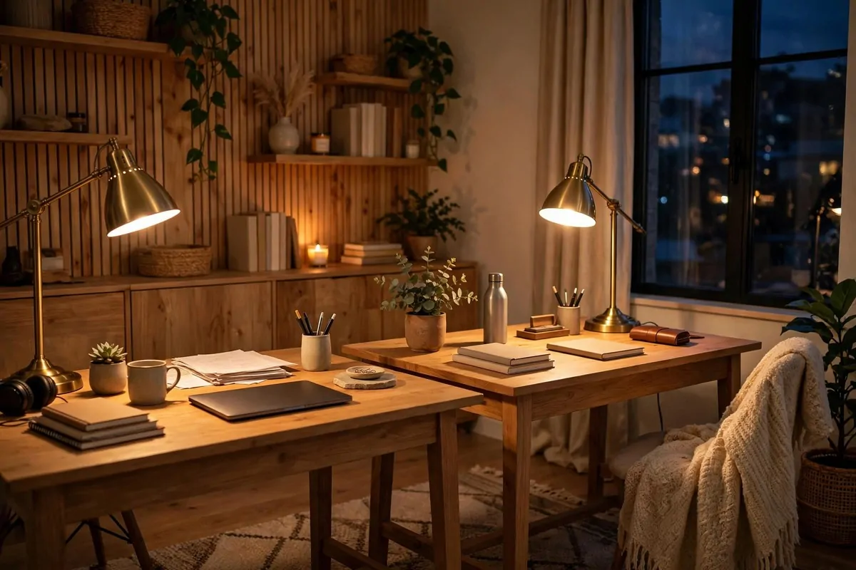 Two desks each with its own matching task lamp glowing