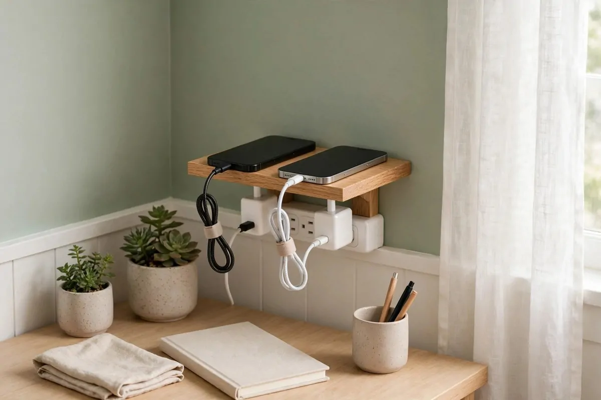 Small shelf with chargers and neatly tied cables