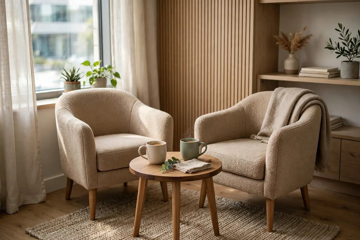 Two small chairs and a side table with coffee mugs in a corner