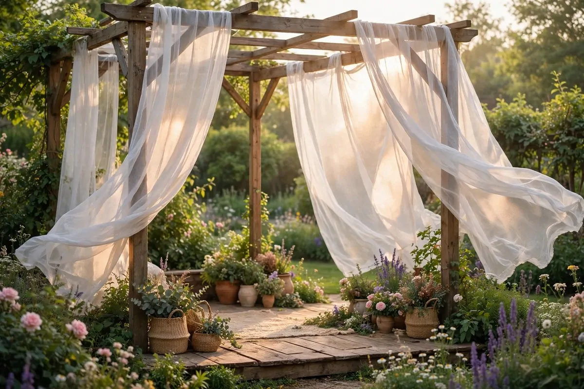Sheer fabric draped over a pergola for Outdoor Photo Studio Ideas