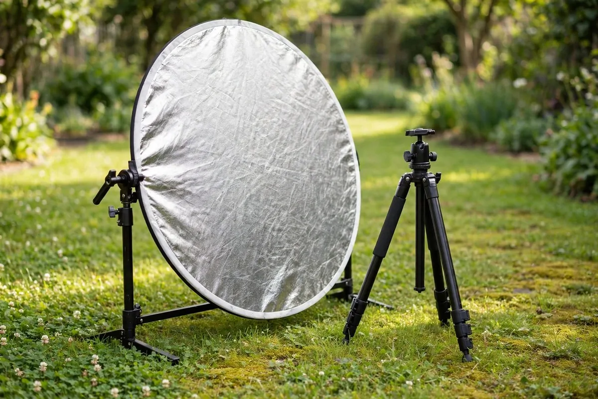 Round reflector on a stand bouncing light for Outdoor Photo Studio Ideas