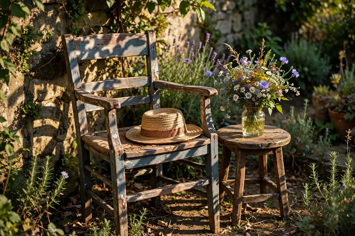 Vintage wooden chair styled in a garden for Outdoor Photo Studio Ideas