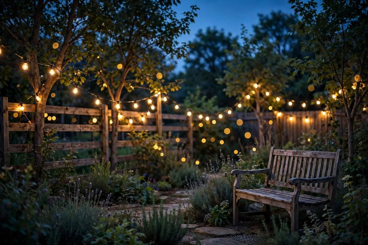 Warm string lights glowing in a garden at dusk for Outdoor Photo Studio Ideas