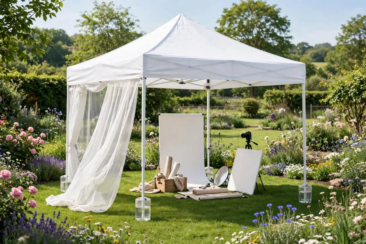 White pop-up canopy acting as a light diffuser for Outdoor Photo Studio Ideas