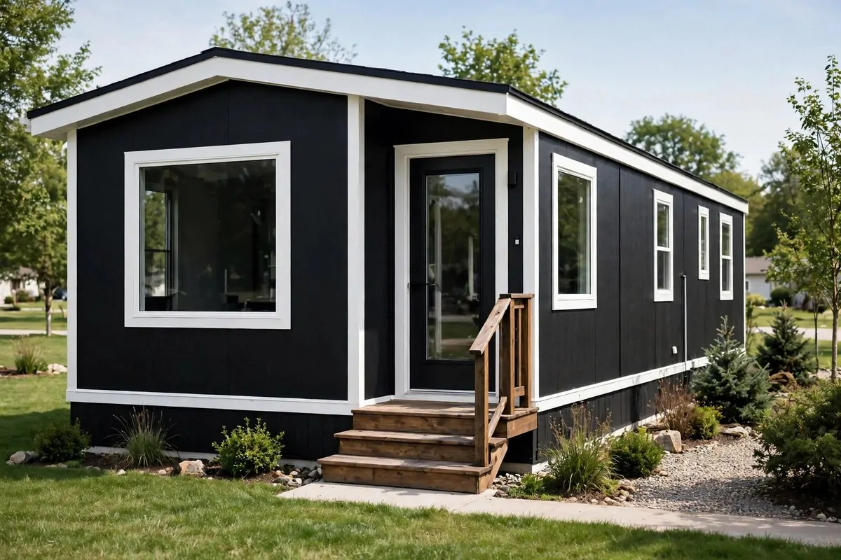 19 Singlewide Mobile Home Ideas That Look Like a Full Remodel 1 Singlewide mobile home with fresh dark painted siding and white trim