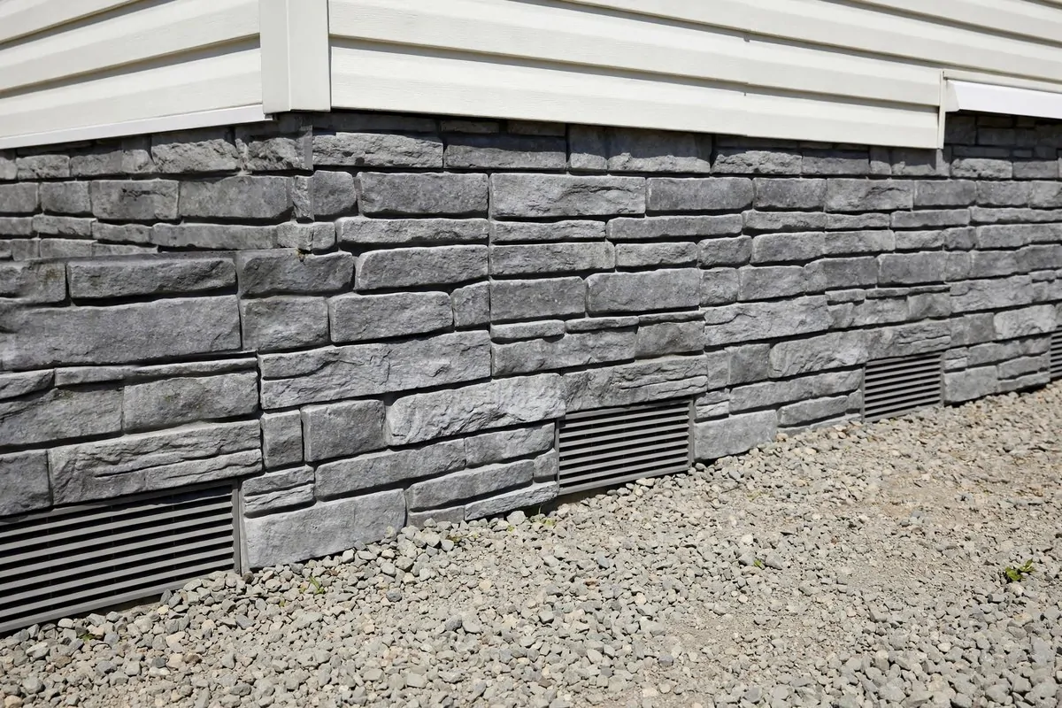 19 Singlewide Mobile Home Ideas That Look Like a Full Remodel 2 Singlewide mobile home with stone-look skirting around the base