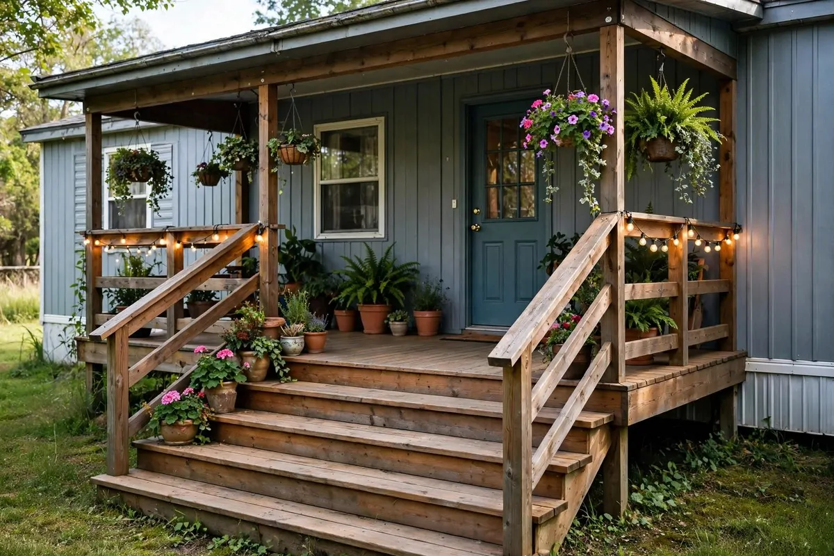 19 Singlewide Mobile Home Ideas That Look Like a Full Remodel 3 Wooden front porch with steps, railings and potted plants on a singlewide mobile home