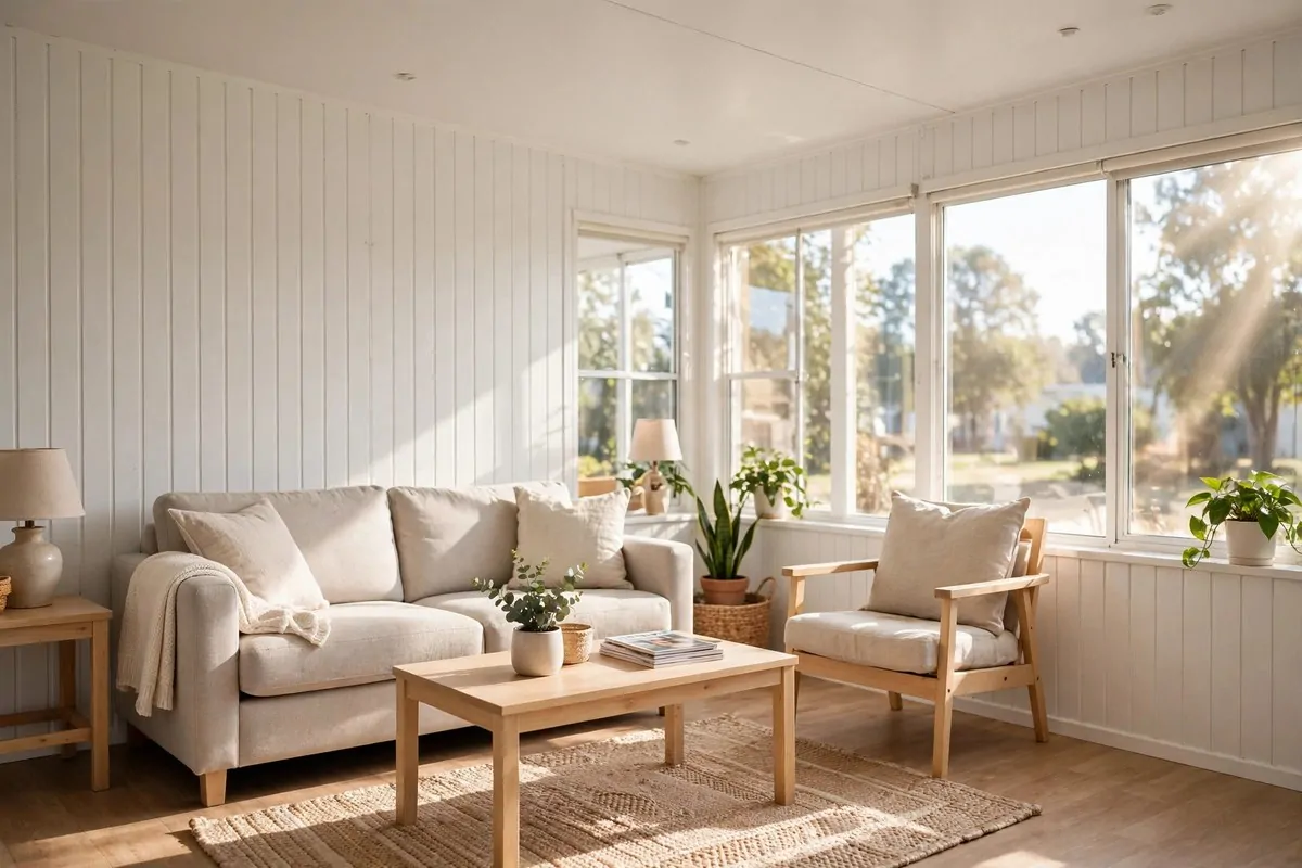 19 Singlewide Mobile Home Ideas That Look Like a Full Remodel 4 Bright living room with white painted paneling walls and natural light