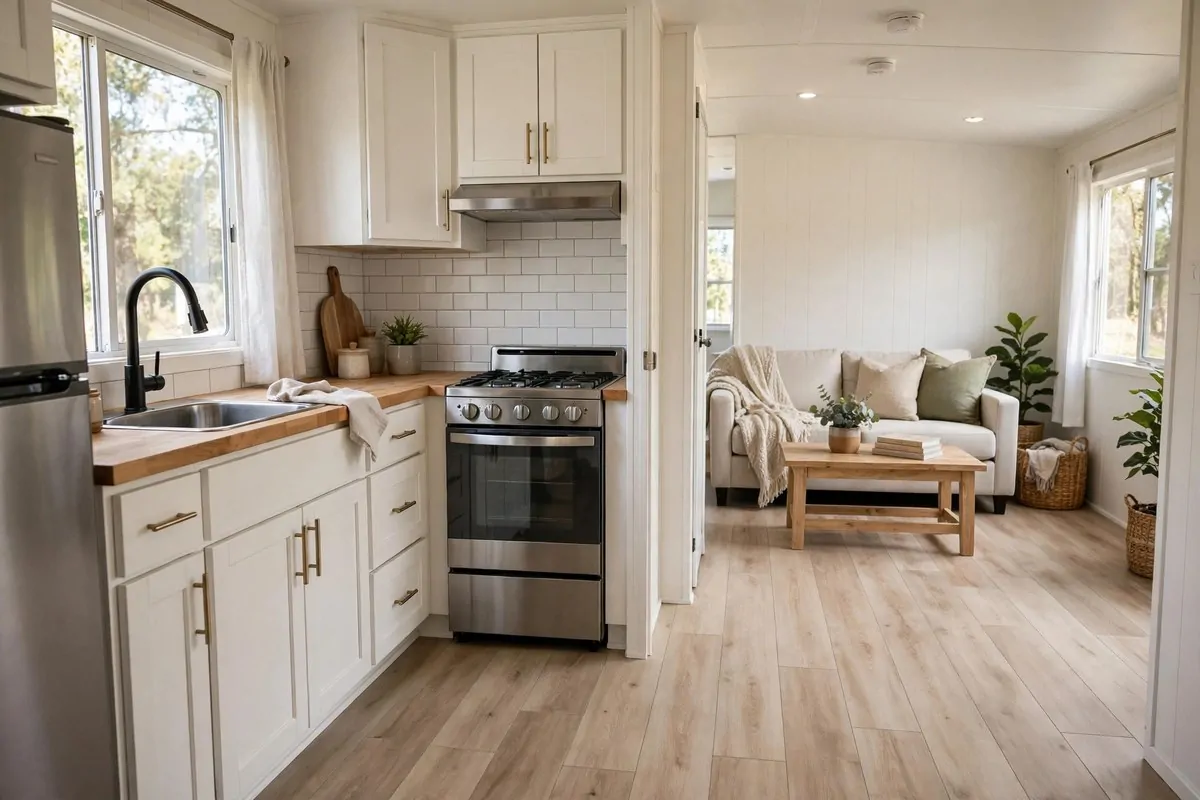 19 Singlewide Mobile Home Ideas That Look Like a Full Remodel 5 Singlewide kitchen with light wood-look luxury vinyl plank flooring running through the rooms