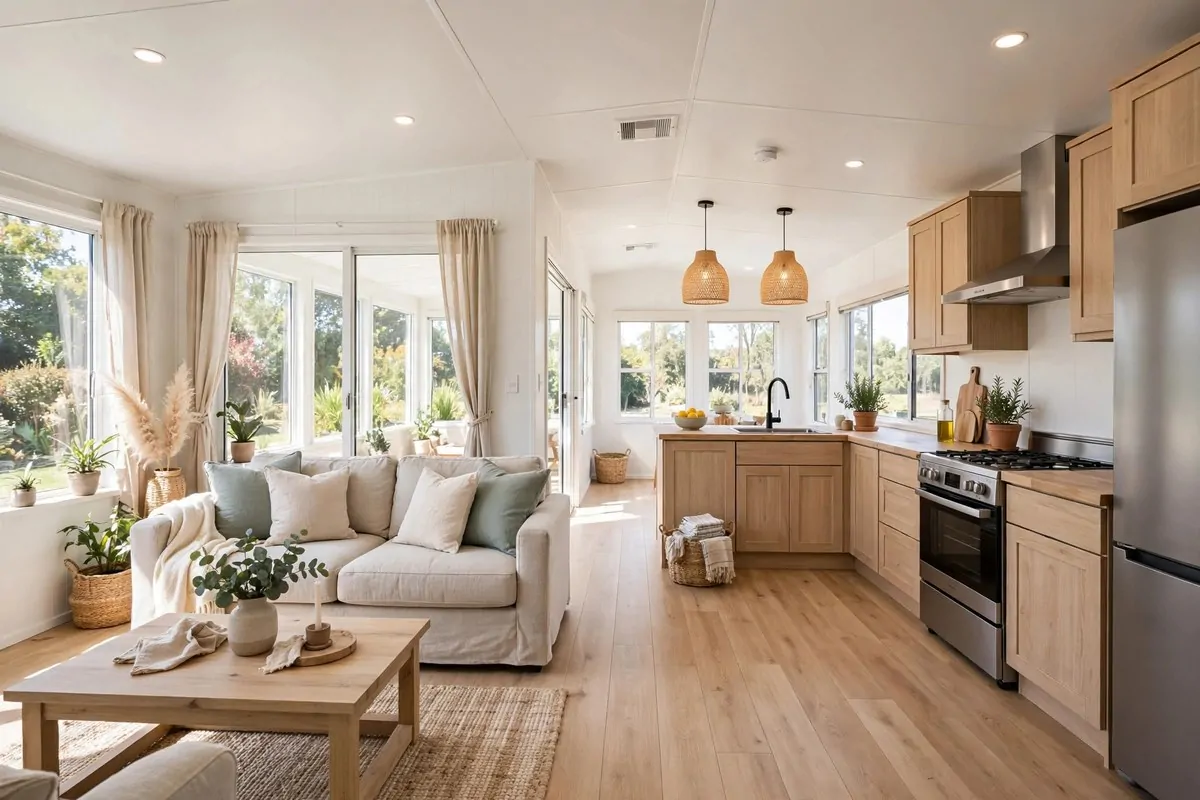 19 Singlewide Mobile Home Ideas That Look Like a Full Remodel 6 Open floor plan living room flowing into a bright kitchen in a singlewide home