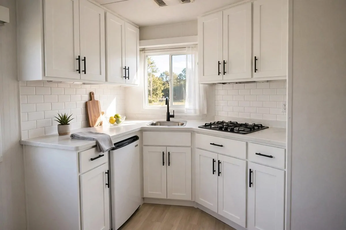 19 Singlewide Mobile Home Ideas That Look Like a Full Remodel 7 Small kitchen with freshly painted white cabinets and clean countertops