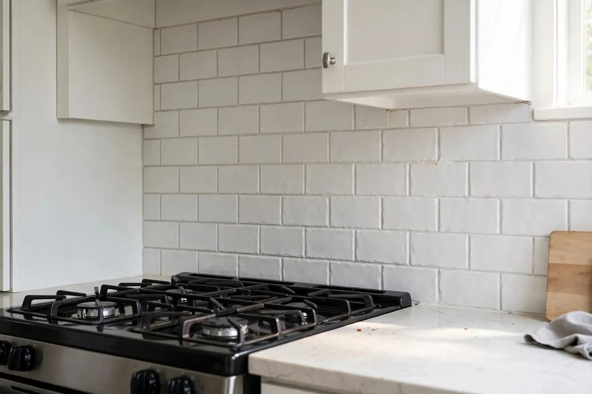 19 Singlewide Mobile Home Ideas That Look Like a Full Remodel 8 Kitchen with peel-and-stick subway tile backsplash behind the stove
