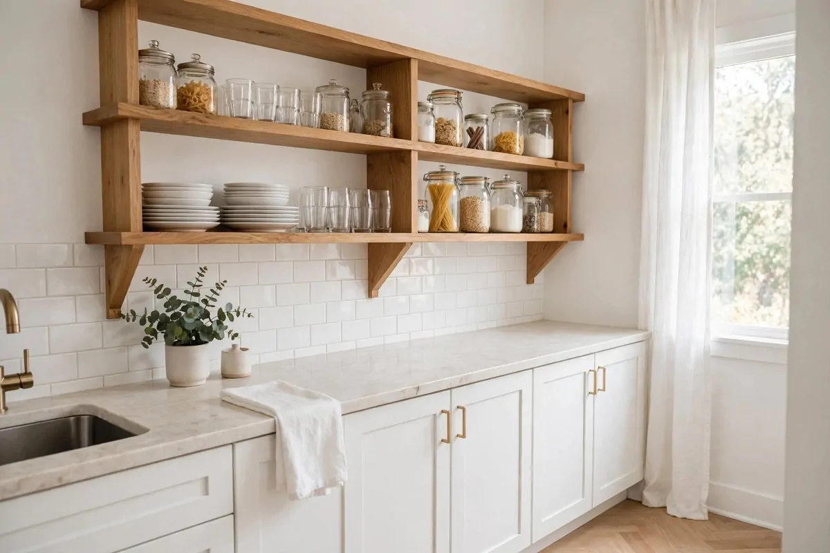 19 Singlewide Mobile Home Ideas That Look Like a Full Remodel 9 Small kitchen with wooden open shelves holding dishes and jars