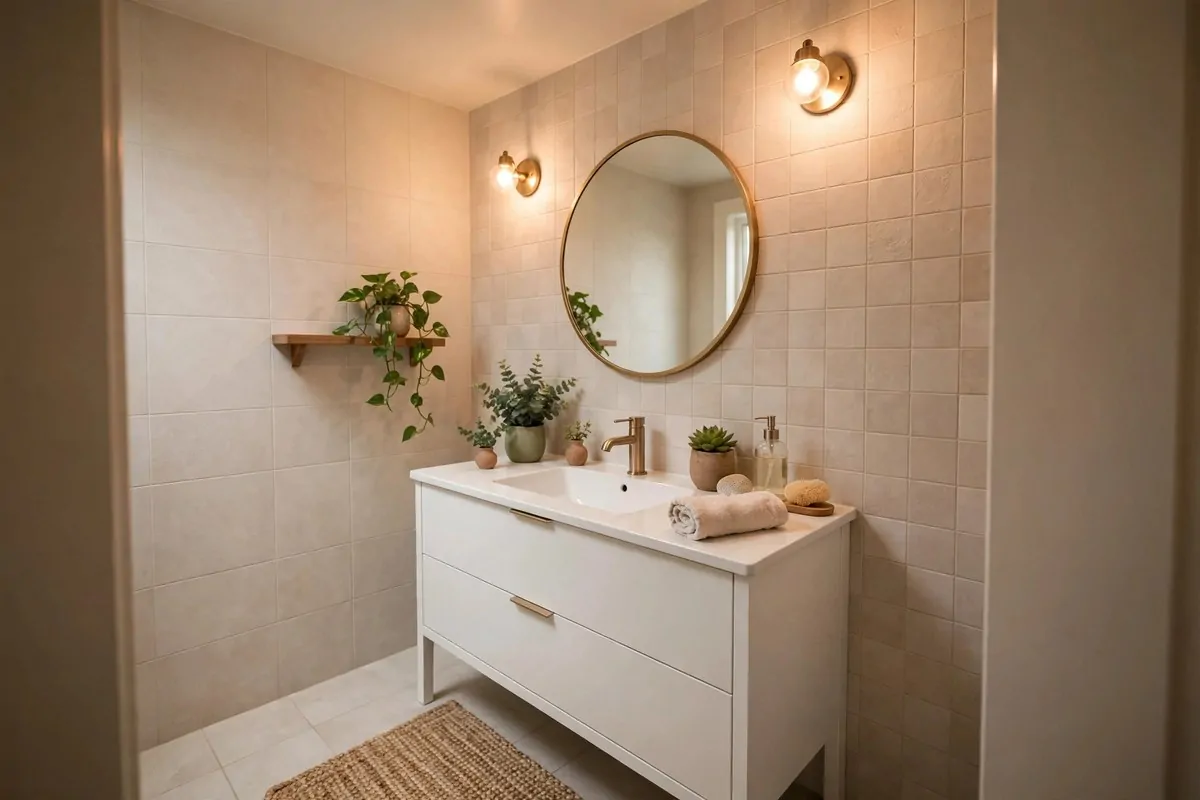19 Singlewide Mobile Home Ideas That Look Like a Full Remodel 10 Small bathroom with modern vanity, round mirror and green plant