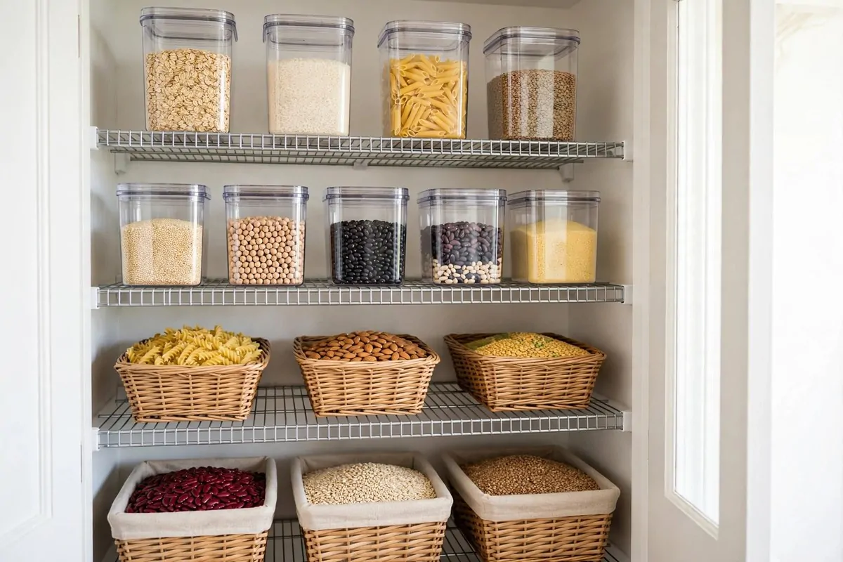 19 Singlewide Mobile Home Ideas That Look Like a Full Remodel 12 Organized hall pantry with metal shelving, baskets and clear containers