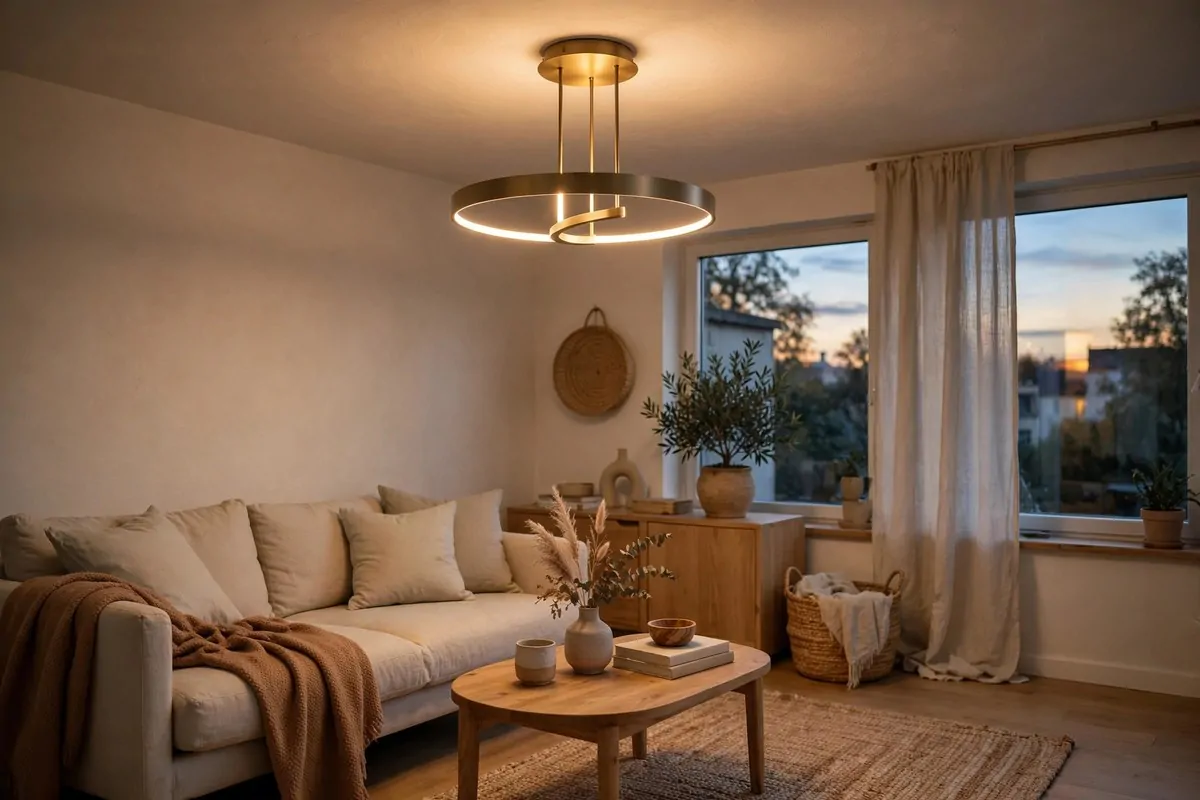 19 Singlewide Mobile Home Ideas That Look Like a Full Remodel 13 Living room with new modern ceiling light fixture glowing warm