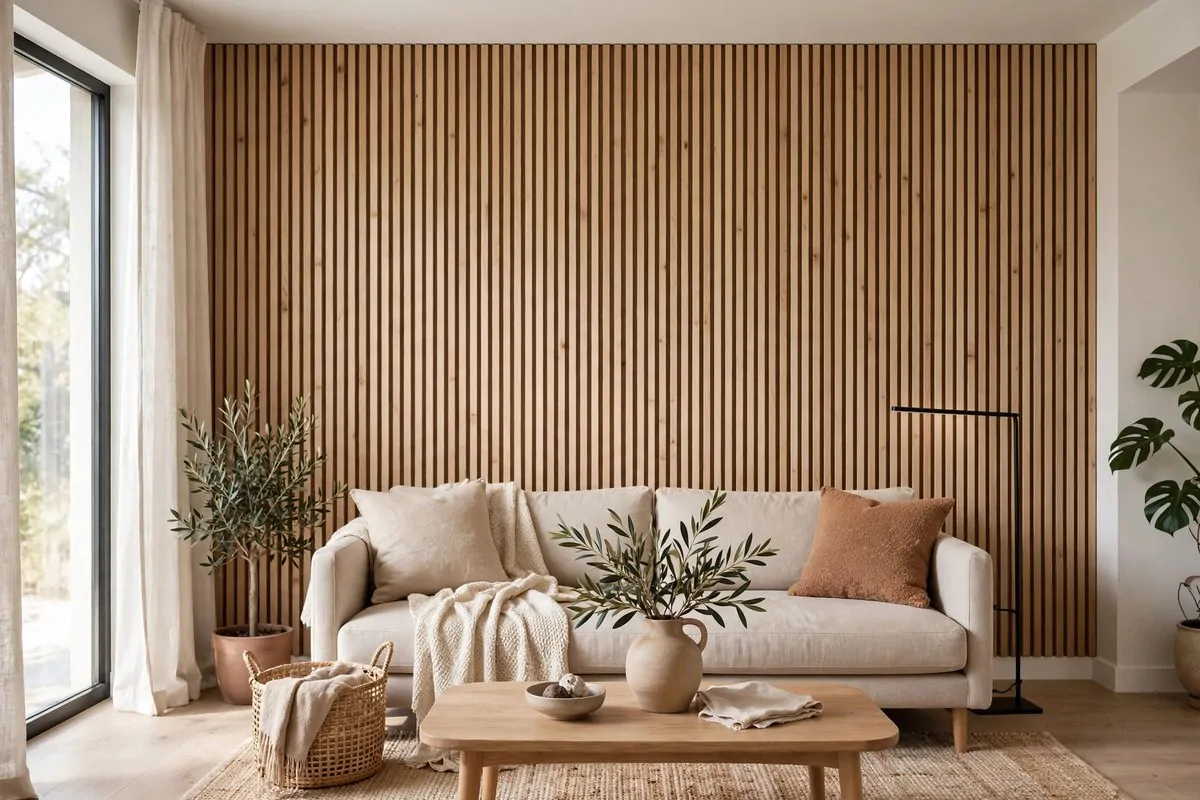 19 Singlewide Mobile Home Ideas That Look Like a Full Remodel 14 Living room with horizontal wood slat accent wall behind a sofa