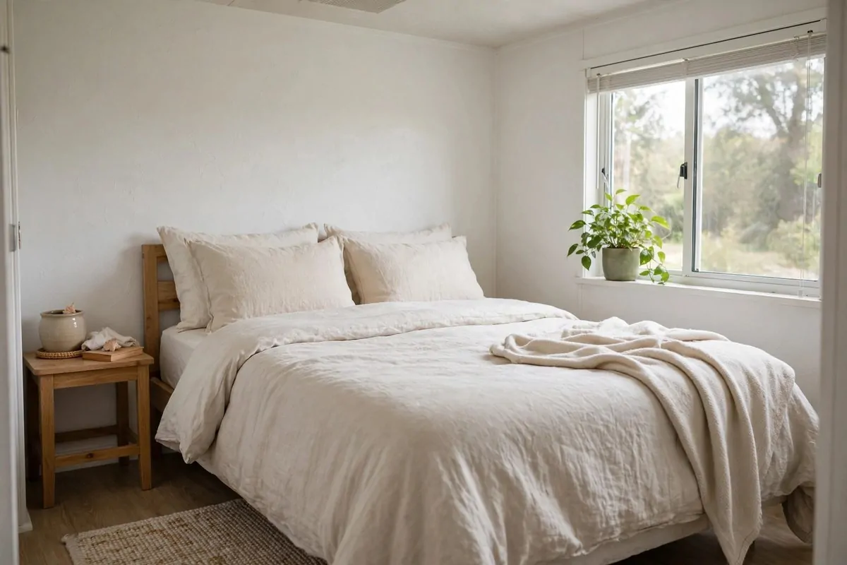 19 Singlewide Mobile Home Ideas That Look Like a Full Remodel 15 Cozy master bedroom with light bedding, plants and soft natural light