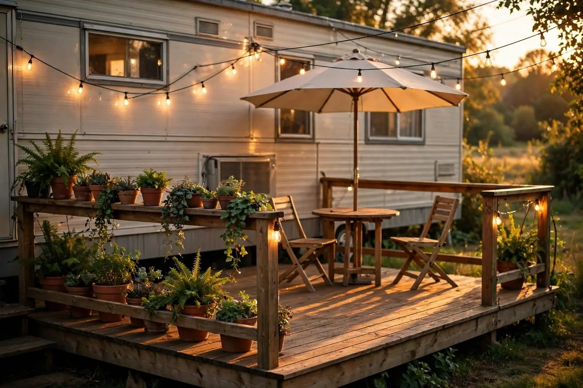 19 Singlewide Mobile Home Ideas That Look Like a Full Remodel 16 Back deck with umbrella, outdoor chairs and string lights behind a mobile home