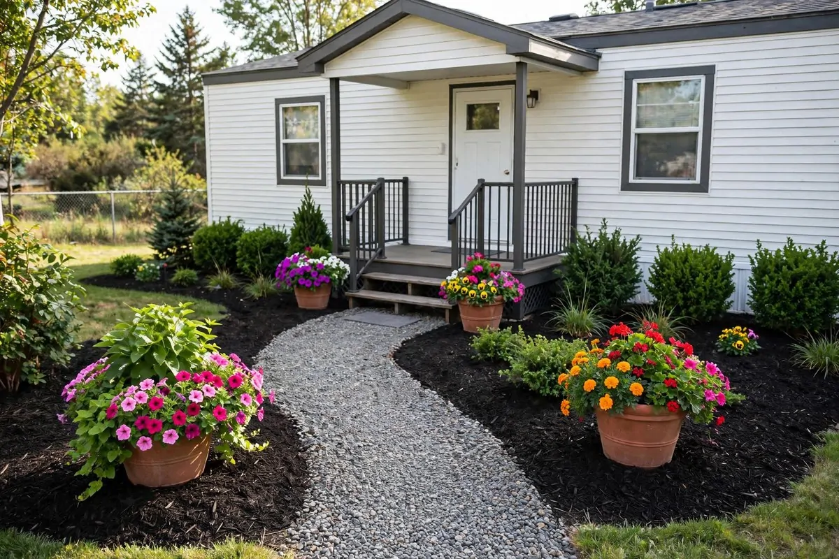 19 Singlewide Mobile Home Ideas That Look Like a Full Remodel 17 Landscaped front yard with gravel path, planters and flower beds