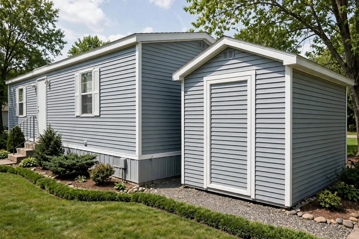 19 Singlewide Mobile Home Ideas That Look Like a Full Remodel 18 Matching storage shed beside a singlewide mobile home