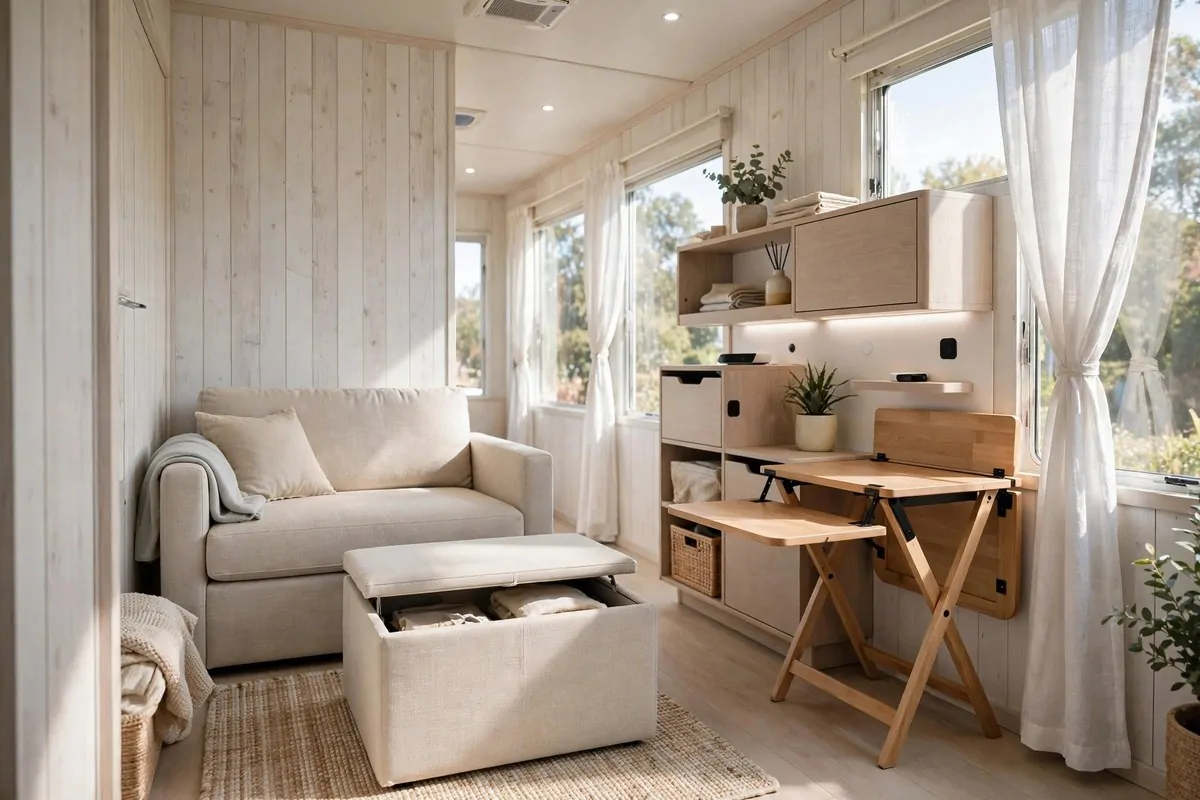 19 Singlewide Mobile Home Ideas That Look Like a Full Remodel 19 Narrow living room with multi-functional furniture, storage ottoman and compact sofa