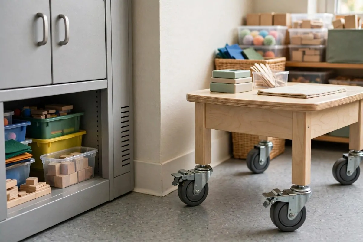 19 Small Classroom Setup Tricks for Maximum Space 1 Tall wooden bookcase in a small classroom holding labeled bins and books