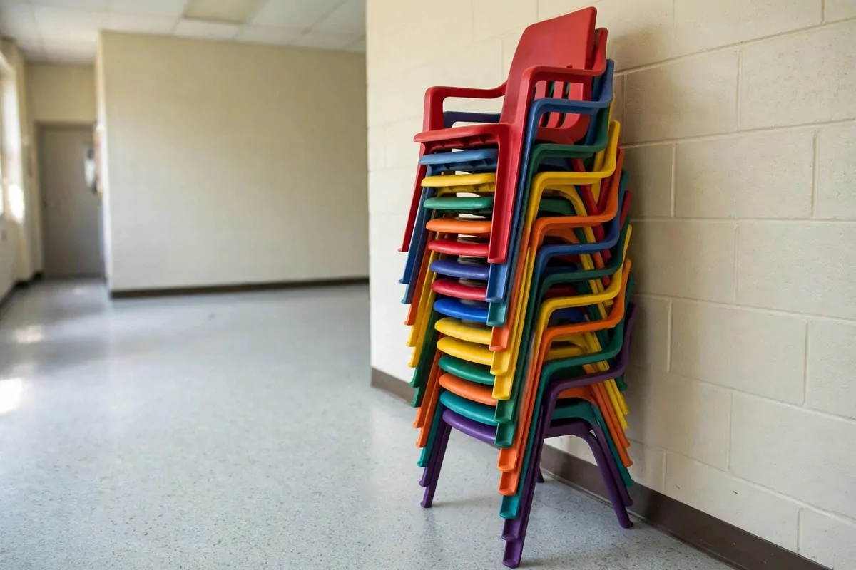 19 Small Classroom Setup Tricks for Maximum Space 3 Stack of colorful stackable classroom chairs tucked neatly against a wall