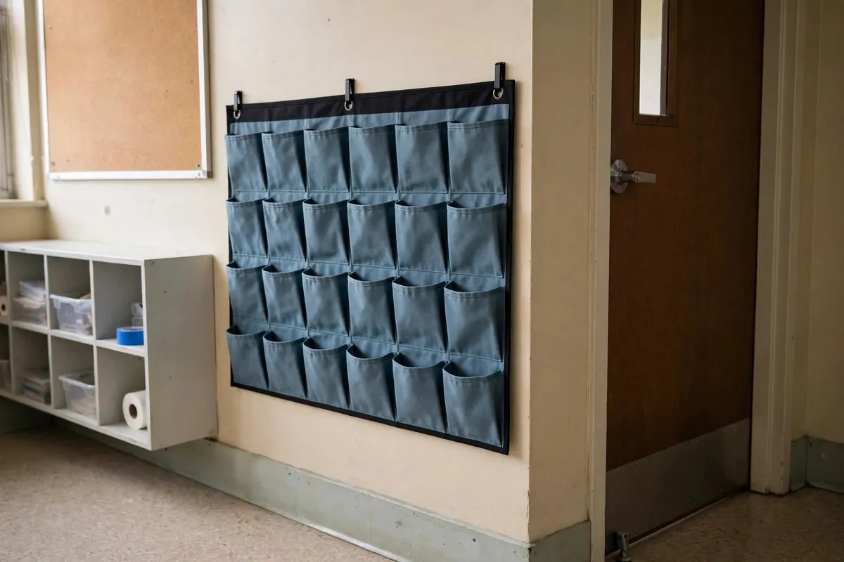 19 Small Classroom Setup Tricks for Maximum Space 9 Pegboard on a classroom wall holding scissors, clipboards and tools in painted outlines
