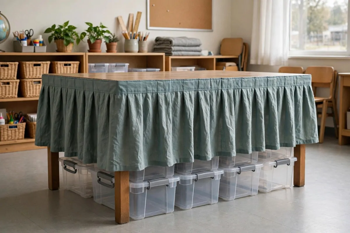 19 Small Classroom Setup Tricks for Maximum Space 13 Slim tiered rolling shelf with art supplies in a classroom corner