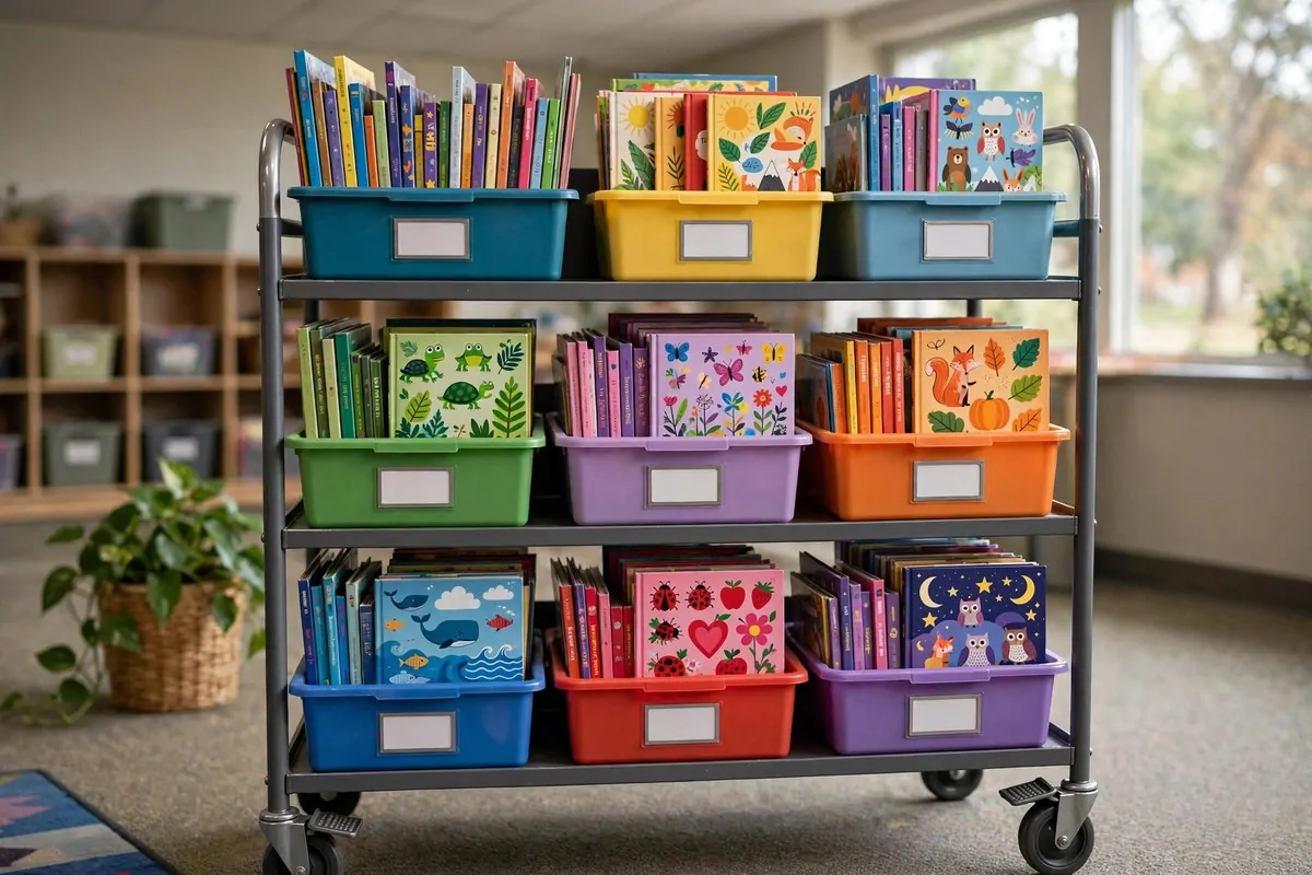 19 Small Classroom Setup Tricks for Maximum Space 15 Rolling book cart filled with children's books as a mobile classroom library